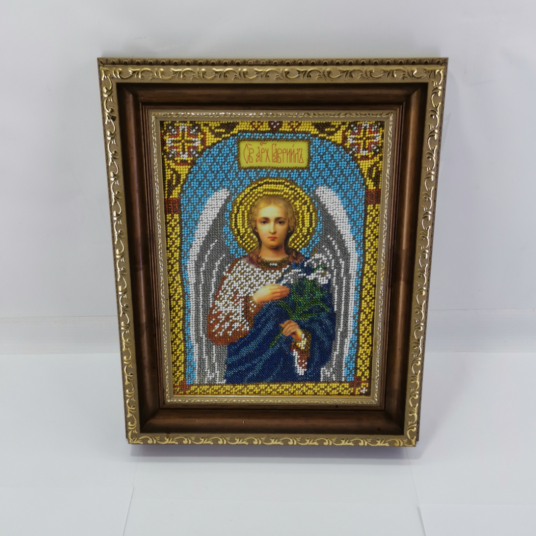 Икона "Святой архангел Гавриил", плетение бисером, размер полотна 17.8х24 см. Картинка 1